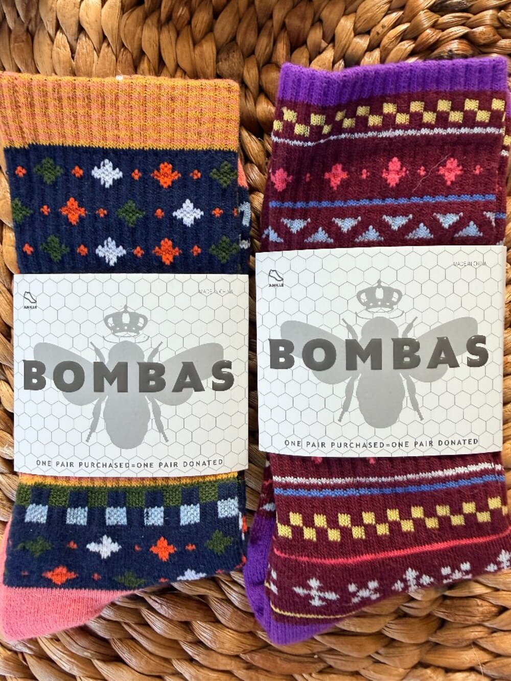 Bombas Retro Fair Isle Crew Sock Blue Pink Cream Med (Runs Small / See Meas